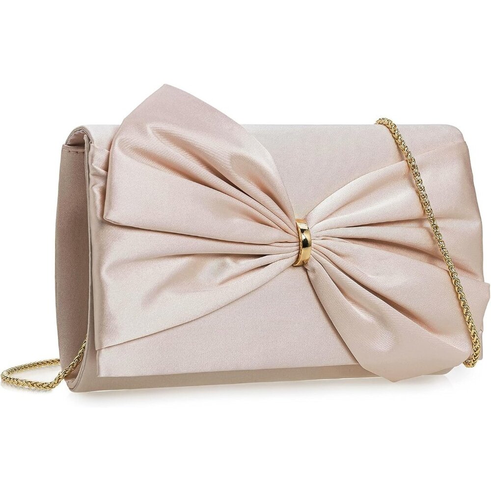 ⚡ Women's Elegant Light Pink Satin Bow Shoulder Chain Strap Clutch Handbag